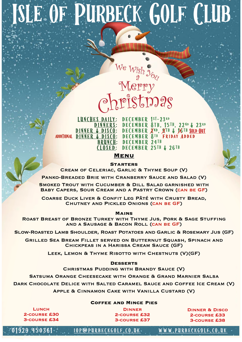 Christmas Menu 2024 Isle of Purbeck Golf Club